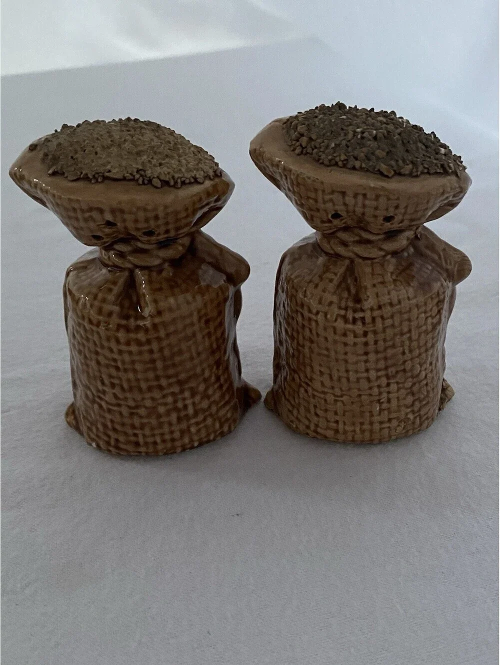 Vintage Burlap Feed Sack Salt And Pepper Shakers: Ceramic